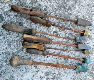 7 Vintage Antique Copper Wooden Handled Soldering Irons Ripe To Restore