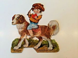 Antique 1910/20s Mechanical Boy Riding Dog Flat Valentine Card Diecut Germany