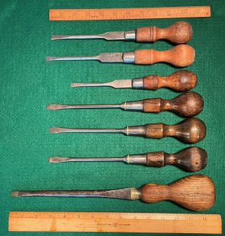 7 Antique Vintage English Wood Handled Screw Drivers Sorby Stanley Sheffield