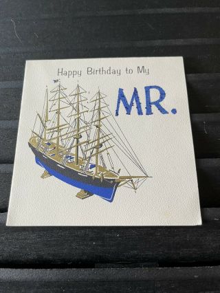 Vintage Greeting Card Birthday Mr Blue Glitter Boat Ship