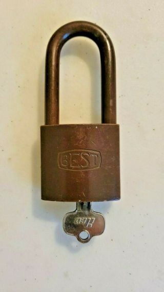 Vintage Best Padlock W/key Brass Lock Long Shank