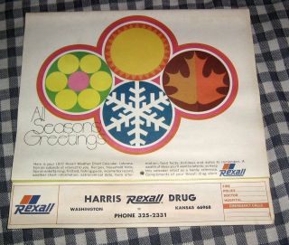 Vintage Rexall Drugs Calendar,  1972,  Harris Drug Store,  Washington,  Kansas,  Good
