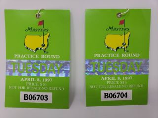 (2) 1997 Masters Practice Badges - Augusta National Golf Club Tickets - Tiger Woods
