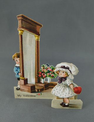 Vtg 20/30s German Die Cut 3d Fold Out Valentine Card Girl W/heart At Boy 