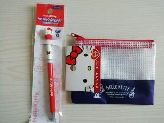 Cute Hello Kitty Small Card Case Zipper Bag And Ballpoint Pen Set Kawaii Japan