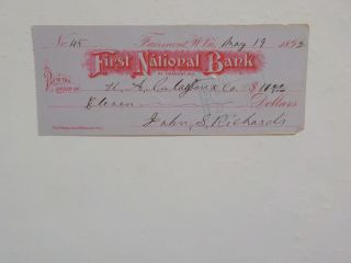 Antique Check 1892 First National Bank Fairmont West Virginia Paper Money Vtg Nr
