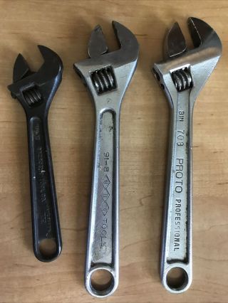 3 Vintage Adjustable Wrenches 6 " & (2) 8 " Crescent Proto Utica Usa