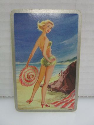 Vintage Single Swap Playing Card Pin Up Beach Beauty 3 Three Of Spades (t5)