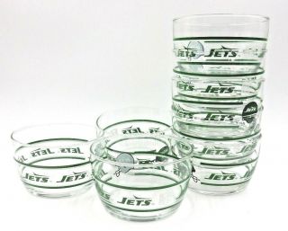 Set Of 8 York Jets Logo Green Helmet Design Glass Snack Or Cereal Bowls