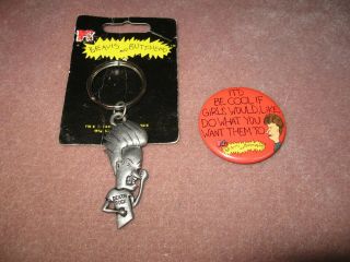 Beavis And Butt - Head Metal Keychain & Pinback Button 1993 Mtv Butthead