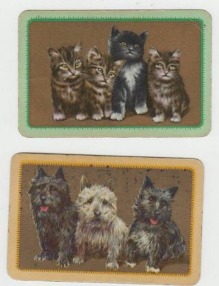 A182 Vintage Playing Cards Old English Scottie Dog And Kittens Pair C1920s