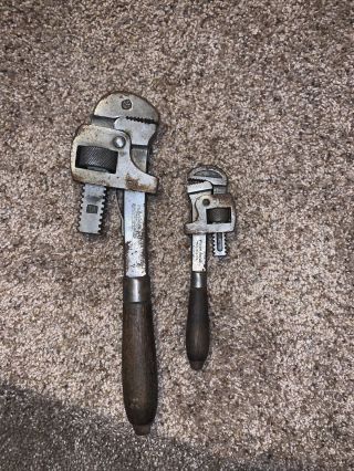 Antique 14 " & 8 " Stillson Adjustable Pipe Monkey Wrench Wood Handles