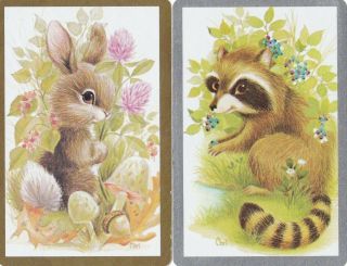Vintage/art Deco/retro/swap/playing Cards Pair Raccoon & Rabbit,  Gold & Silver