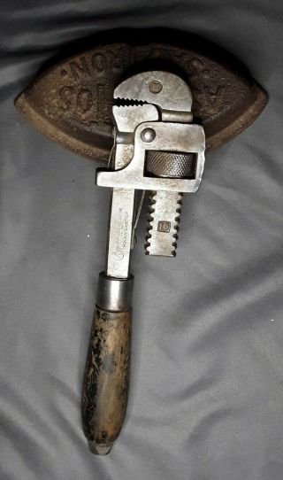 Antique No.  10 Stillson Pipe Wrench Wood Handle Moore Drop Forge Springfield Mass