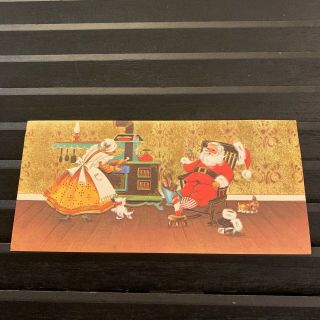 Vintage Greeting Card Christmas Mr Mrs Claus Cat Kitten Stove
