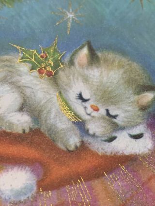 Vintage Christmas Card Kitty Cat Sleeping On Rug Christmas Tree Vintage Card