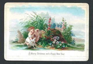 N35 - Nymph Baby And Flowers - Goodall - Embossed Victorian Xmas Card