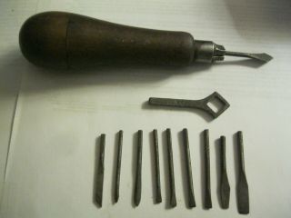 Vintage Multi - Piece Tool; Wooden Handle With Changeable Set Of Small Tools