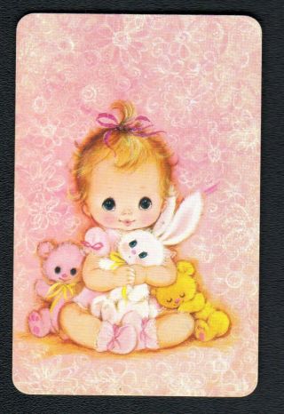 Vintage Swap Card - Cute Baby Girl With Soft Toys (blank Back)