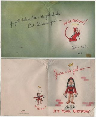 Girl Birthday Devil Costume Angel Halo 1949 Vintage Card Simple Sal Norcross