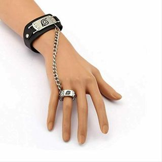 Anime Naruto Konoha Logo Leather Bracelet & Ring Cosplay Wristband Jewelry 34