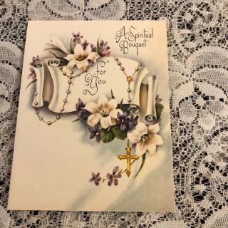 Vintage Greeting Card Easter Spiritual Bouquet Rosary Rust Craft