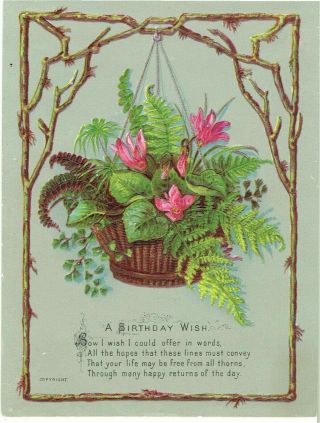Victorian Birthday Greetings Card Flowers & Ferns In Hanging Basket Embossed