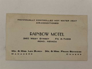 Rainbow Motel Business Card Reno Nevada Nv 1950 
