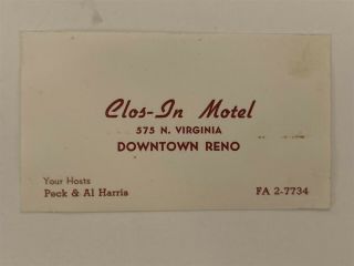 Clos - In Motel Business Card Reno Nevada Nv Clos In Closin 1950 