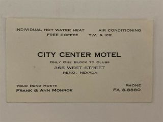 City Center Motel Business Card Reno Nevada Nv 1950 