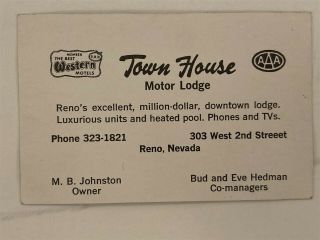 Town House Motor Lodge Motel Business Card Reno Nevada Nv 1950 