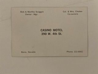 Casino Motel Business Card Reno Nevada Nv 1950 