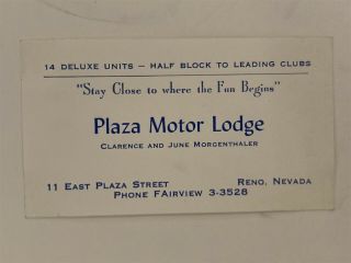 Plaza Motor Lodge Motel Business Card Reno Nevada Nv 1950 