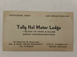 Tally Ho Motor Lodge Ho Motel Business Card Reno Nevada Nv 1950 