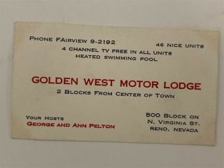 Golden West Motor Lodge Motel Business Card Reno Nevada Nv 1950 