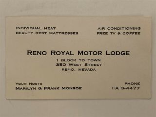 Reno Royal Motor Lodge Motel Business Card Reno Nevada Nv 1950 