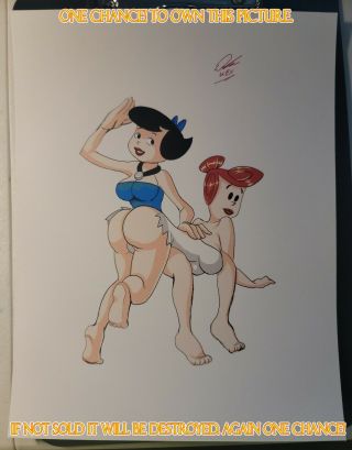 Betty Rubble & Wilma Flintstone Cg Color Illustration Print Signed 8.  5x11