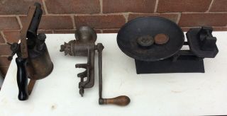 Vintage Brass Blow Torch / Lamp,  Universal Food Chopper Mincer & Kitchen Scales