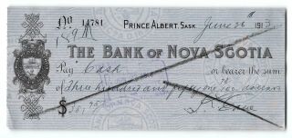 Prince Albert Saskatchewan Canada Bank Of Nova Scotia Check 1913 Crisp