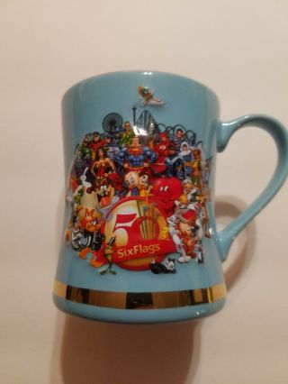 Six Flags 50th Anniversary Superheroes And Cartoon Characters Coffee Mug