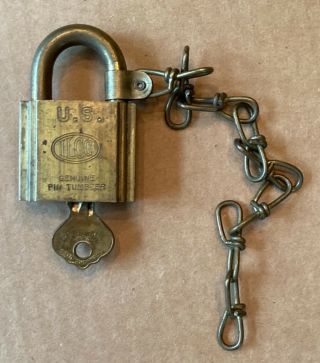 Vintage Ilco Us Military Brass Padlock W/ Key And Chain - Gms 3246