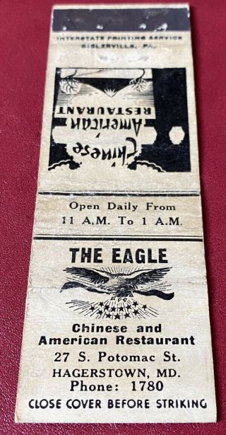 Matchbook Cover The Eagle Chinese American Restaurant Hagerstown Maryland