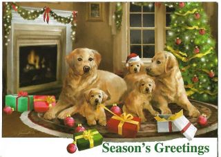 Christmas Greeting Card - Approx 5 X 7 " Yellow Labs Labradors Under The Tree