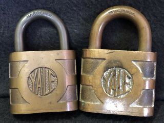 2 Vintage Brass Yale & Towne Padlocks Lock Hardened Shackle Pin Tumbler