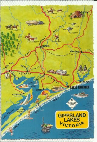 Australia Postcard - " Map ",  Gippsland Lakes,  Victoria - 1980 