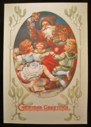 Vintage Christmas Greeting Card Edwardian Children Dancing Around Santa Claus
