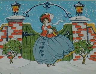 Vintage Christmas Card,  Art Deco,  Pretty Girl Standing In The Snow,  4 3/4 "