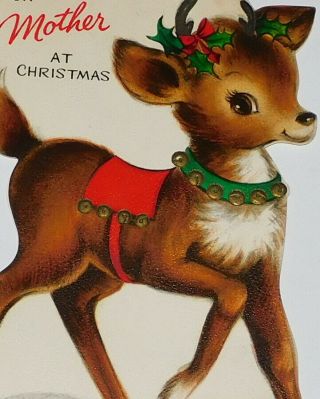 Vintage Christmas Card,  Sweet Little Deer With Jingle Bell Collar,  5 3/4 "