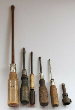 6 Vintage Screw Drivers Wood Handle 1 Plastic 1 Very Long