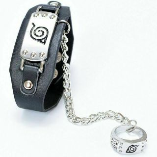 Anime Naruto Konoha Logo Leather Bracelet & Ring Cosplay Wristband Jewelry